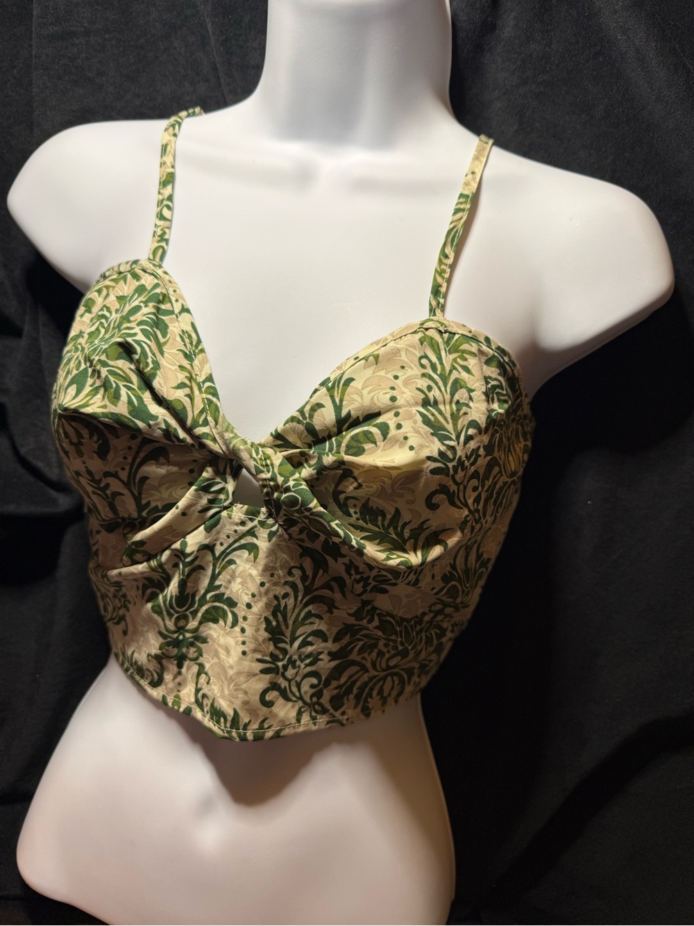 Green and Cream Damask Twist Front Crop Top